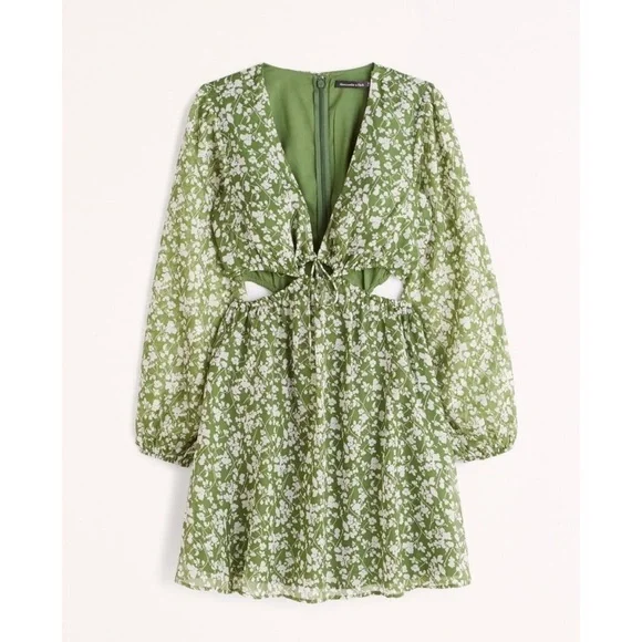 NWT Abercrombie & Fitch Long-sleeve sheer Green Floral Cutout Dress - Small - Picture 2 of 10